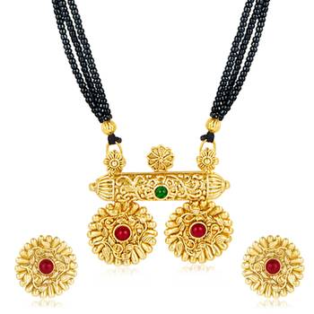 Women's rani pink green synthetic stone studded mangalsutra necklace with 3