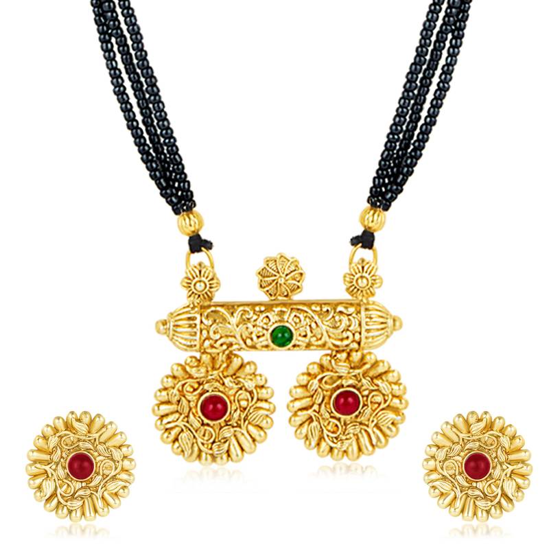 Women's rani pink green synthetic stone studded mangalsutra necklace with