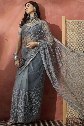 Grey embroidered saree with blouse piece