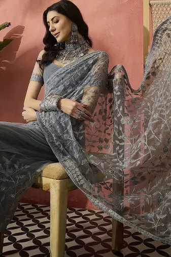 Grey embroidered saree with blouse piece