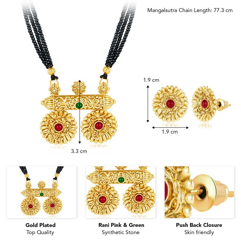 Women's rani pink green synthetic stone studded mangalsutra necklace with