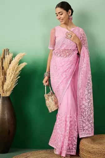 Pink ethereal charm embroidered net saree