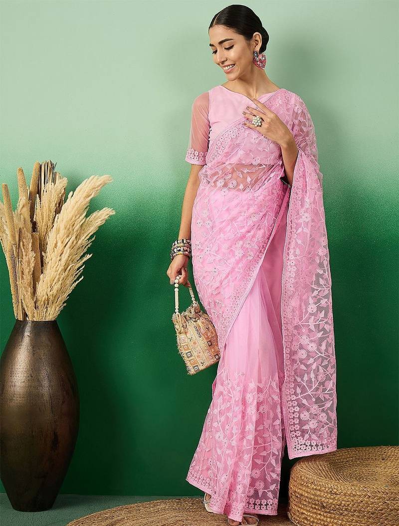 Pink ethereal charm embroidered net saree