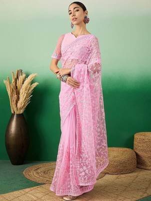 Pink ethereal charm embroidered net saree 2