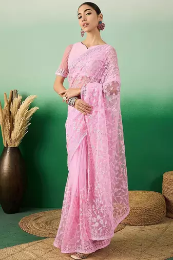 Pink ethereal charm embroidered net saree