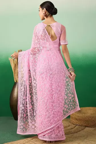 Pink ethereal charm embroidered net saree
