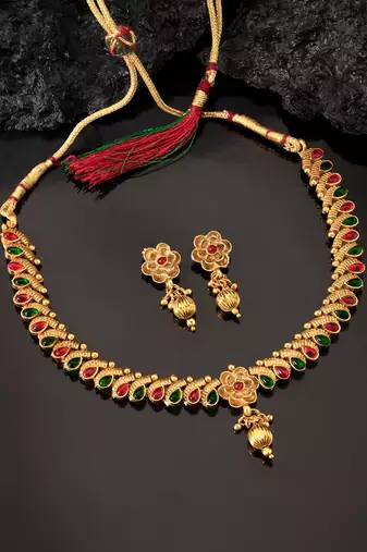 Indian traditional bollywood necklace earrings jewelry set ethnic red
