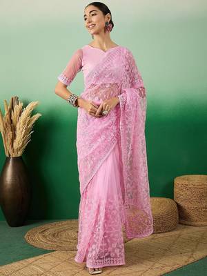 Pink ethereal charm embroidered net saree 4