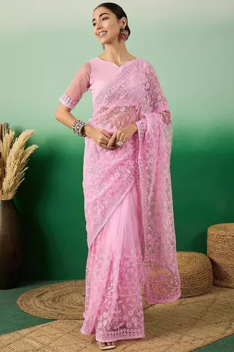 Pink ethereal charm embroidered net saree