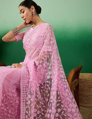Pink ethereal charm embroidered net saree 5