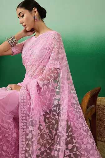Pink ethereal charm embroidered net saree