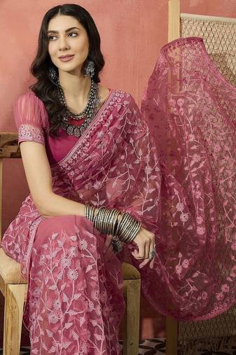 Pink embroidered saree with blouse piece