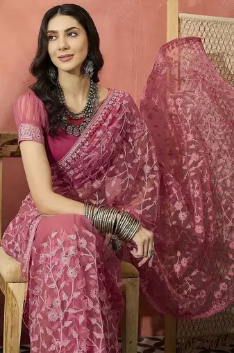 Pink embroidered saree with blouse piece