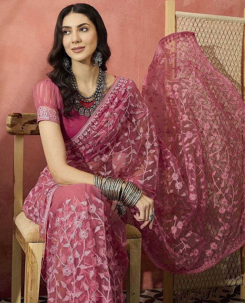 Pink embroidered saree with blouse piece