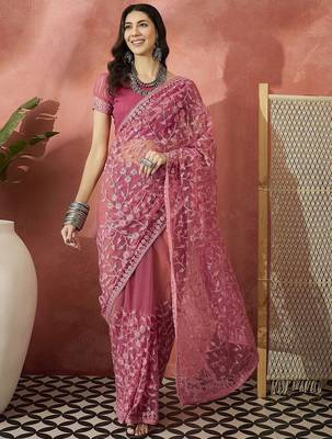 Pink embroidered saree with blouse piece 2