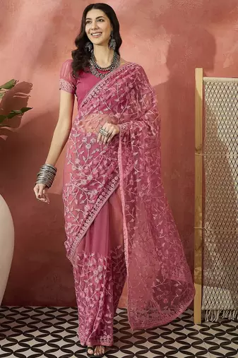 Pink embroidered saree with blouse piece