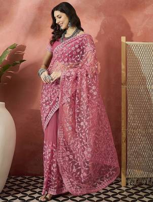 Pink embroidered saree with blouse piece 3