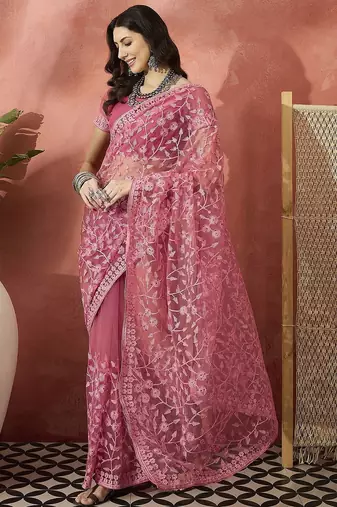 Pink embroidered saree with blouse piece