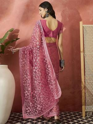 Pink embroidered saree with blouse piece 4
