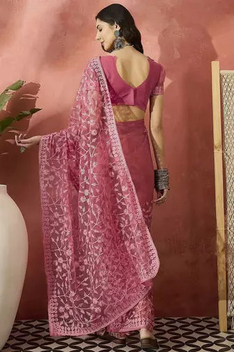 Pink embroidered saree with blouse piece