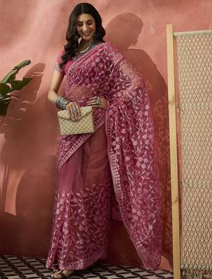 Pink embroidered saree with blouse piece 5