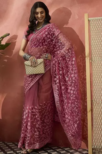 Pink embroidered saree with blouse piece