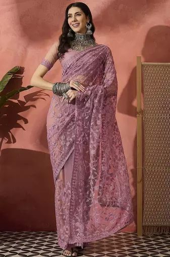 Lavender floral embroidered saree with blouse piece