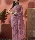 Lavender floral embroidered saree with blouse piece