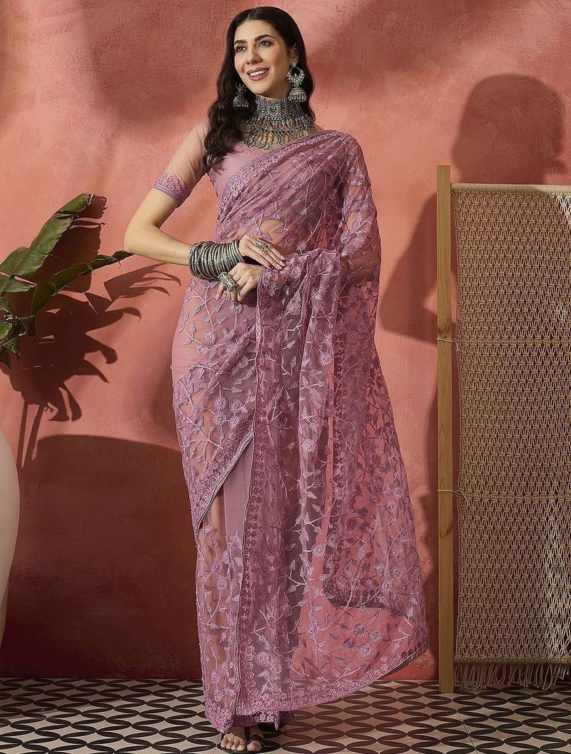 Lavender floral embroidered saree with blouse piece
