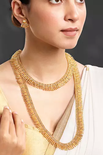 Gold plated choker long necklace and earrings set maharani haar