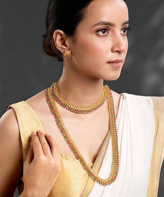 Gold plated red green choker long necklace and earrings set maharani 1