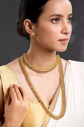 Gold plated red green choker long necklace and earrings set maharani