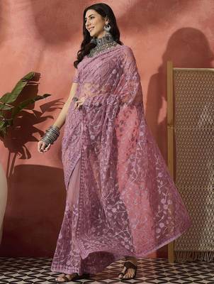 Lavender floral embroidered saree with blouse piece 2
