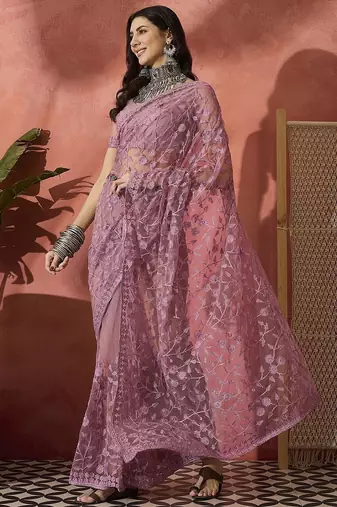 Lavender floral embroidered saree with blouse piece