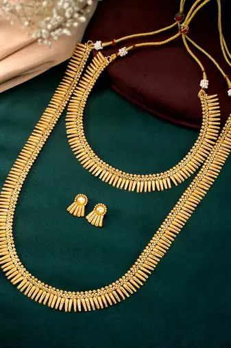 Gold plated choker long necklace and earrings set maharani haar