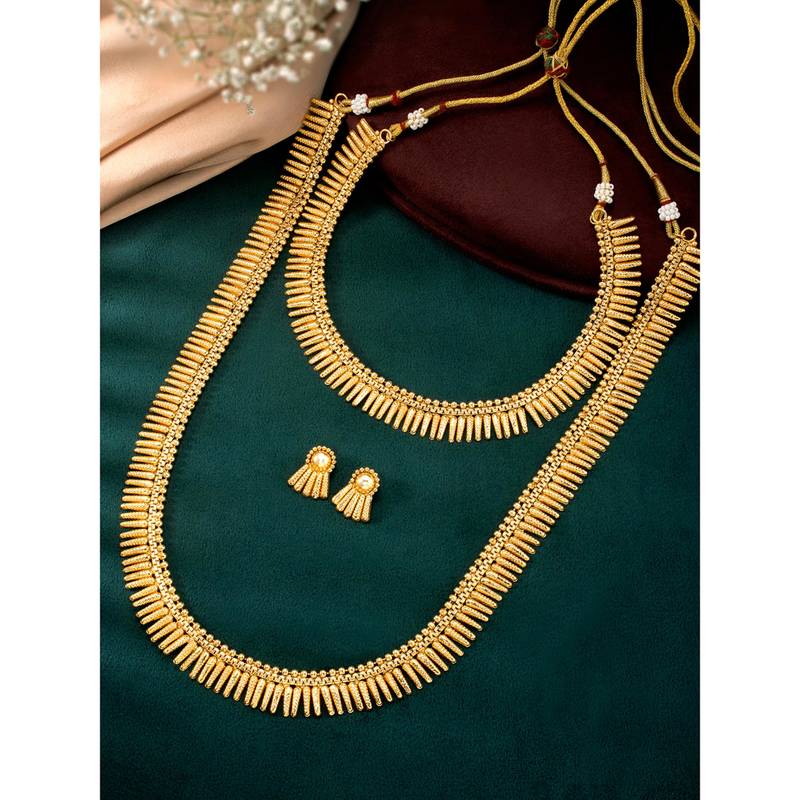 Gold plated choker long necklace and earrings set maharani haar