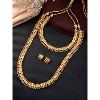 Gold plated red green choker long necklace and earrings set maharani 2