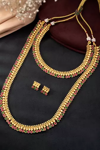 Gold plated red green choker long necklace and earrings set maharani