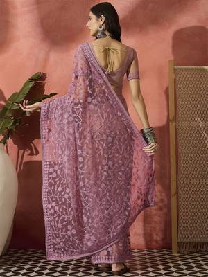 Lavender floral embroidered saree with blouse piece 3