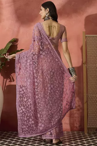Lavender floral embroidered saree with blouse piece