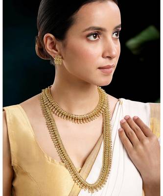 Gold plated choker long necklace and earrings set maharani haar 1
