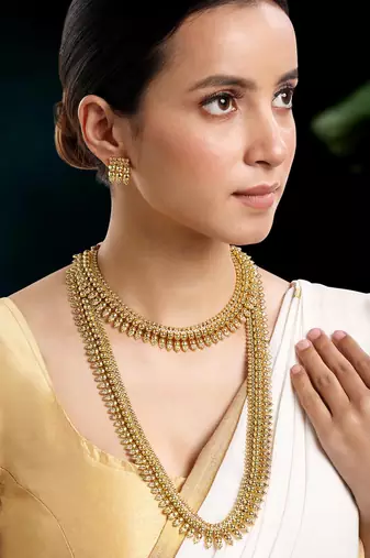 Gold plated choker long necklace and earrings set maharani haar