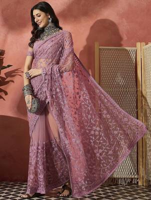 Lavender floral embroidered saree with blouse piece 4