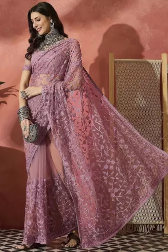 Lavender floral embroidered saree with blouse piece
