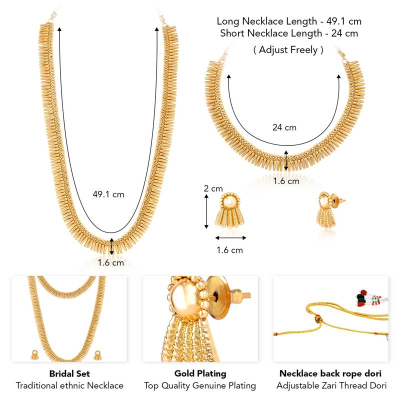 Gold plated choker long necklace and earrings set maharani haar