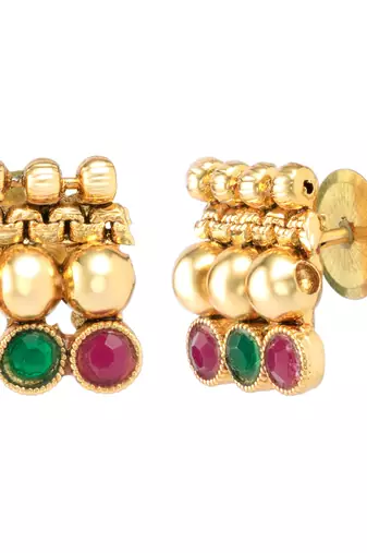 Gold plated red green choker long necklace and earrings set maharani