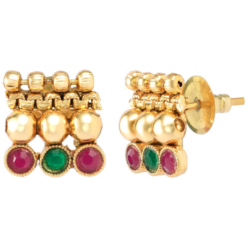 Gold plated red green choker long necklace and earrings set maharani