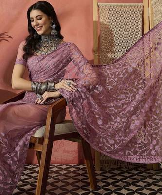Lavender floral embroidered saree with blouse piece 5