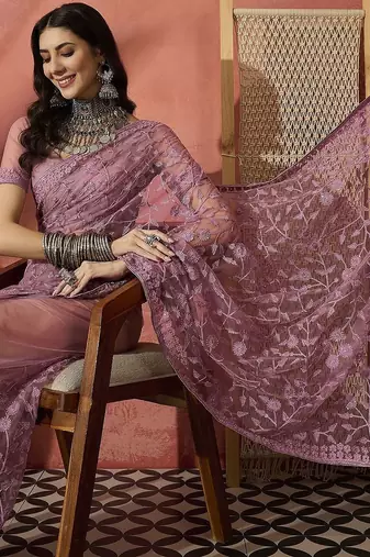 Lavender floral embroidered saree with blouse piece
