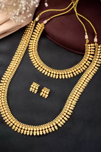 Gold plated choker long necklace and earrings set maharani haar